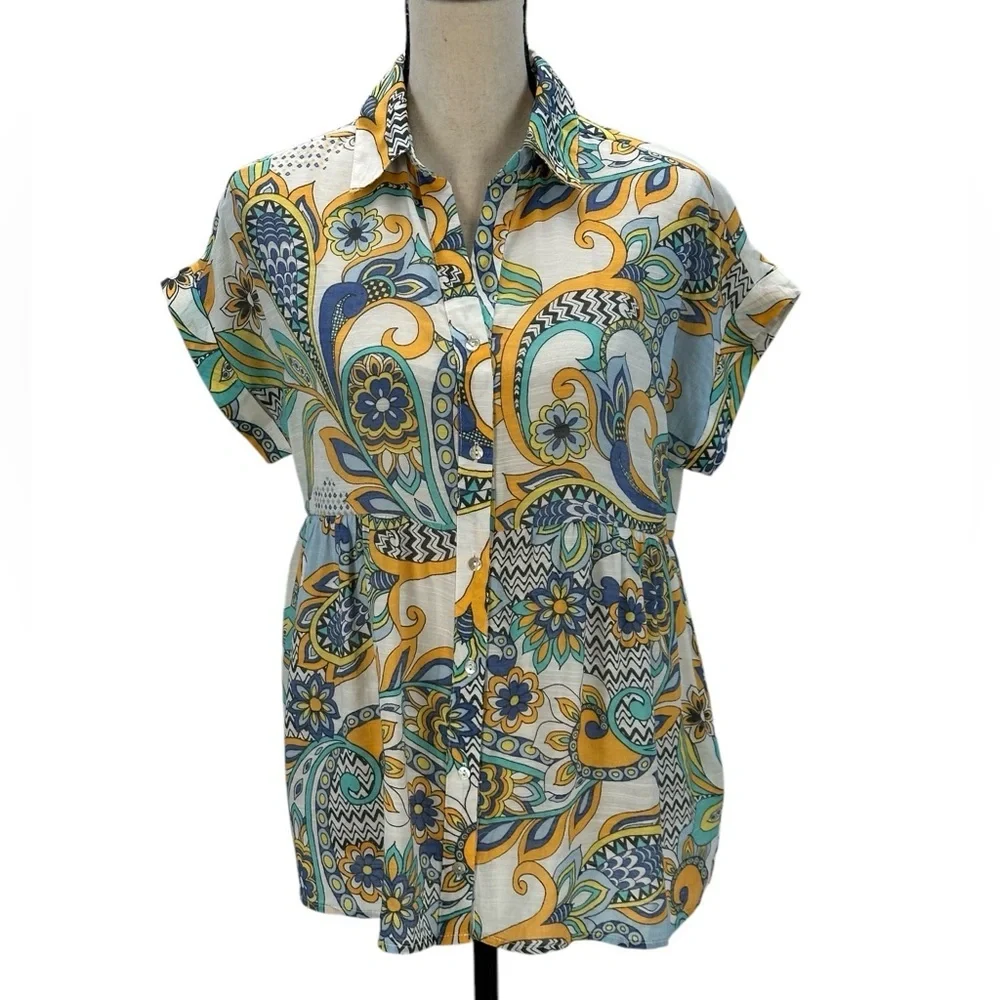 Ninety Clothing Co Short Sleeve Collared Floral Paisley Print Blouse - Small - Picture 1 of 9